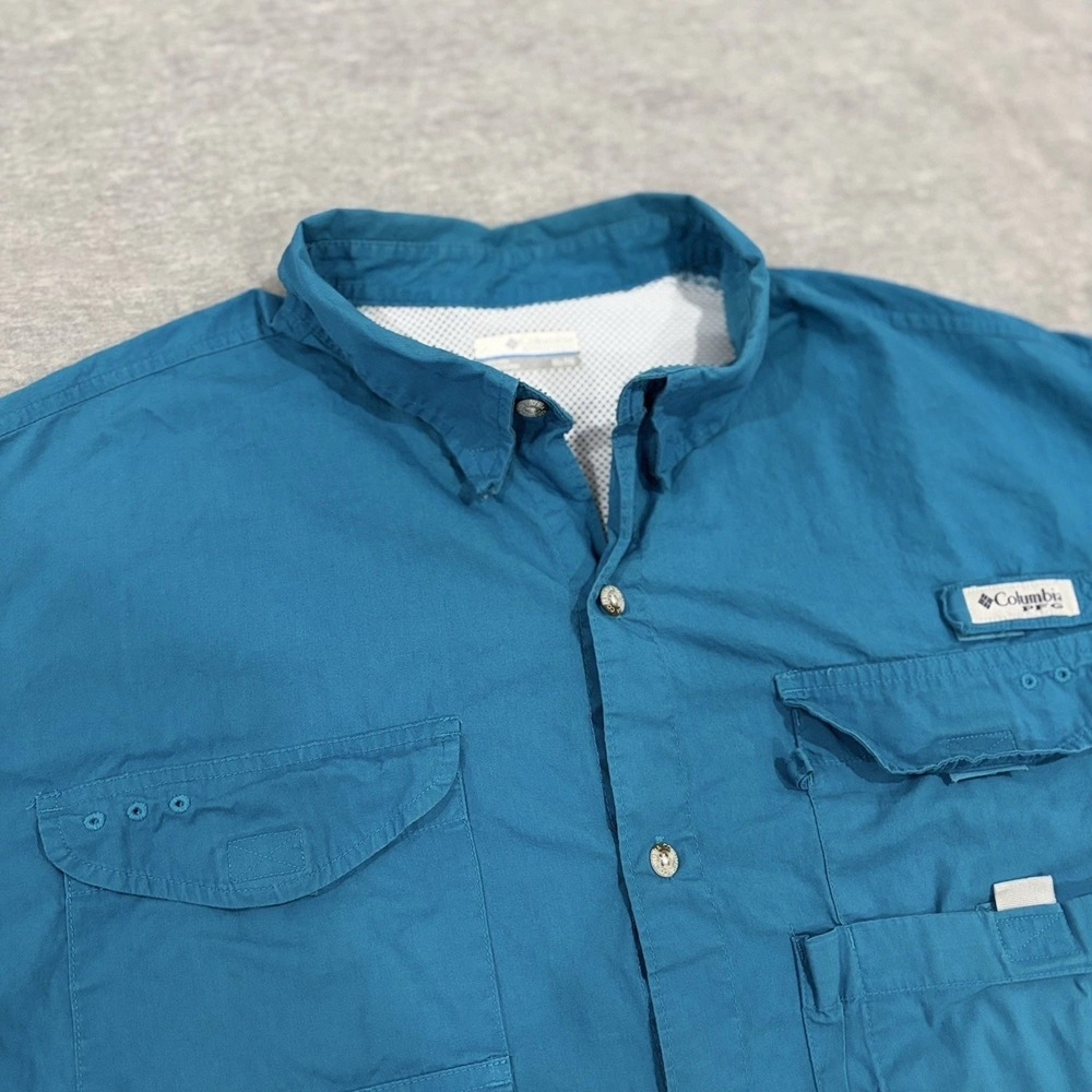 Columbia PFG Bonehead Shirt Men XL Teal Blue Short Sleeve Fishing Vented Button